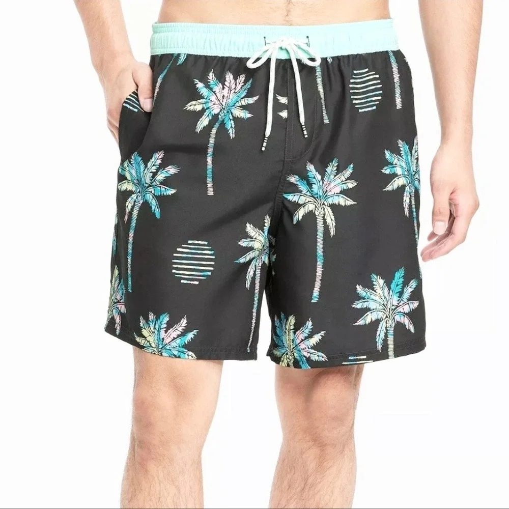 Original Use Swim Trunks Palm Tree Print, Mens XL‎ Black/Mint